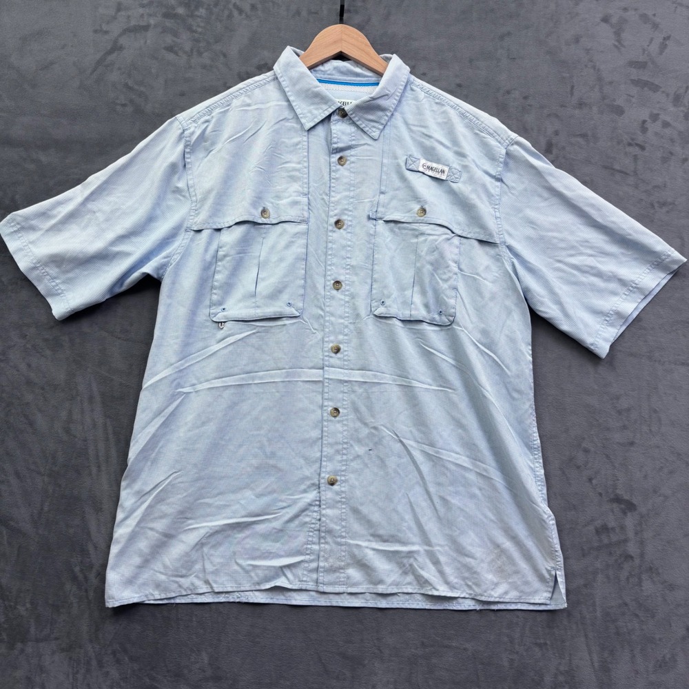 Magellan Outdoors Fish Gear Mens Large Blue Micro Check MagWick Fishing Shirt